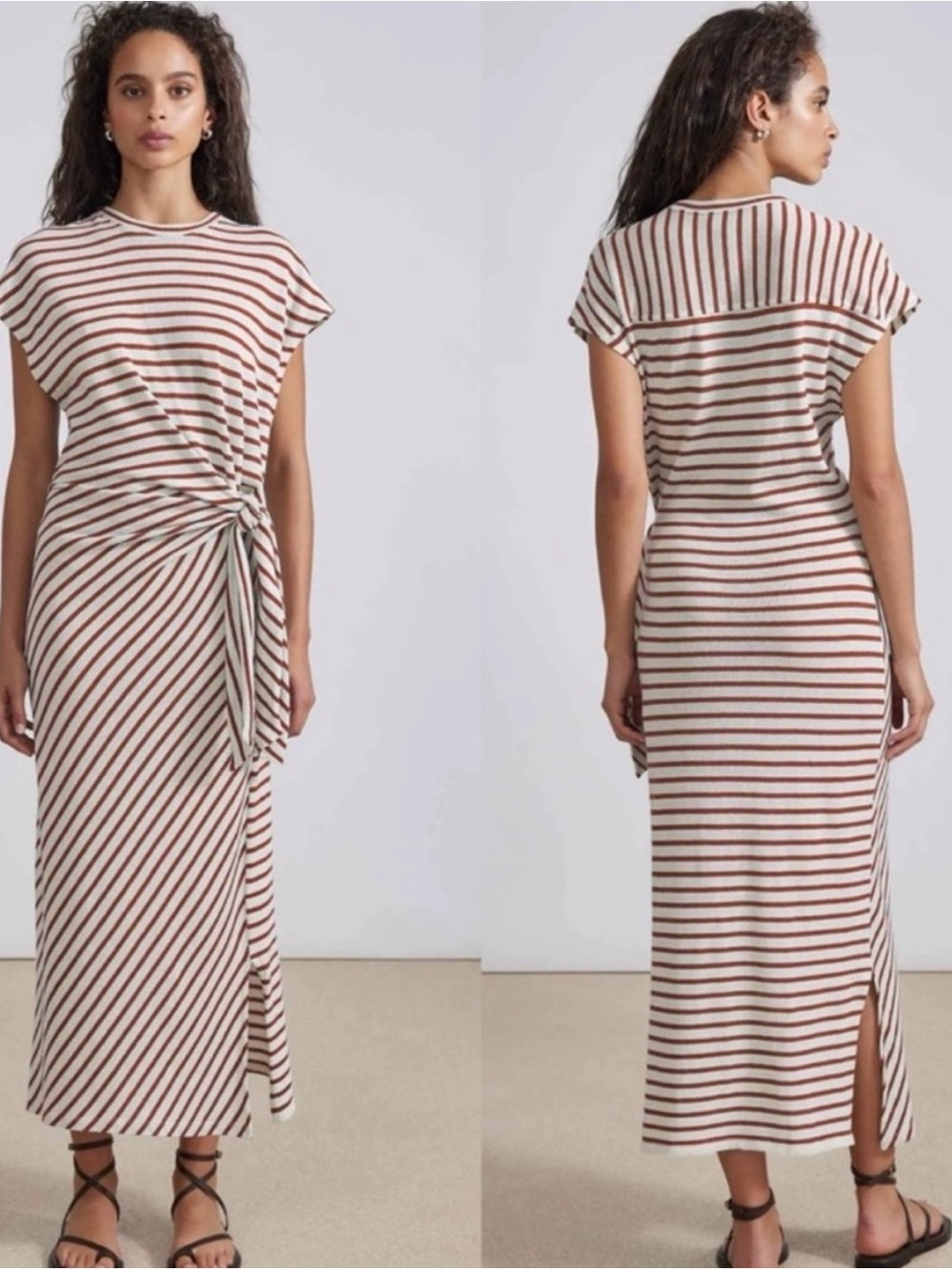 Apiece Apart Nina Striped Tie-Waist Maxi Dress in Cream and adobe. Size M